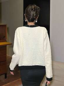 DAZY Áo khoác cardigan nữ cổ tròn tay dài có túi màu khối, quần áo nữ mùa thu - trắng - Xem 2