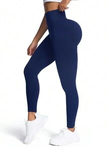 女士简约字母印花打底裤，休闲日常穿着 - 藏蓝色 - 查看 6