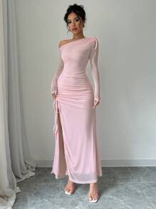 SHEIN PETITE Elegant Romantic Draped Drawstring Asymmetric Neck Long Sleeve Dress For Women Maxi Women Outfit