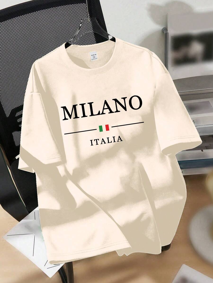 青少年男孩休闲字母印花短袖 T 恤 - 米色 - 查看 1