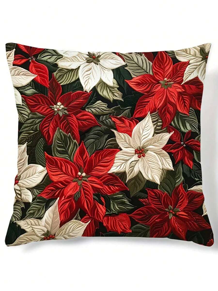 1 件现代圣诞一品红枕套，17.7 英寸 X 17.7 英寸，涤纶，拉链，编织，装饰性抱枕套，适合各种房间类型，数码印花 - 无内衬 - 彩色 - 查看 1