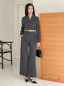 DAZY 2pcs Solid Color Short Blazer And Wide-Leg Pants Women's Suit Set