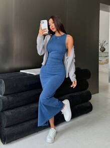 SHEIN ICON Vestido de mezclilla sin mangas para mujer, ajustado, elástico, azul