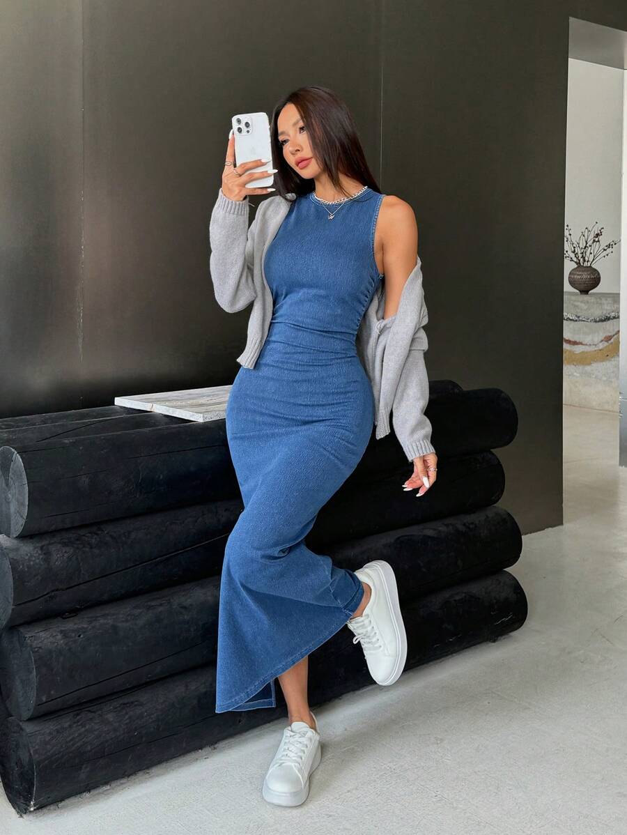 SHEIN ICON Vestido de mezclilla sin mangas para mujer, ajustado, elástico, azul