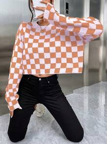SHEIN Unity Checker Print Round Neck Casual Long Sleeve Sweater Knit Pullover Fall Winter - Multicolor - View 6