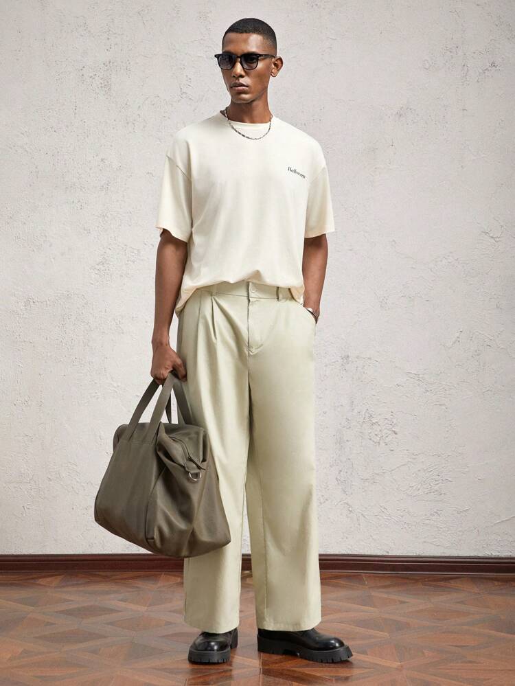 Męskie tkane spodnie slim-fit casual z długimi prostymi nogawkami, odpowiednie do codziennego noszenia