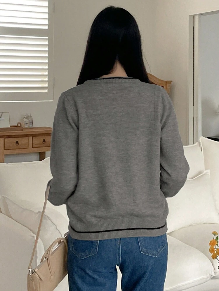 Women's Colorblock Trim Bowknot Front Button Elegant Long Sleeve Sweater,Long Sleeve Tops Fall