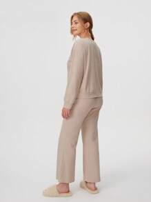 LUVLETTE 秋冬季女士舒适宽松柔软磨毛面料圆领套头衫长裤睡衣套装，可作内衣外穿，纯棉睡衣 - 米色 - 查看 6