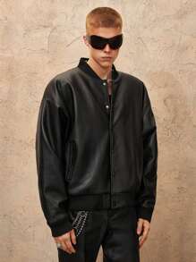 ROMWE MEN Street Life Men's Plain Color PU Leather Baseball Jacket, Casual, Autumn - Black - View 5