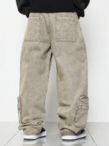 SUMWON Pantalón cargo de mezclilla tipo skater con lavado y múltiples bolsillos - Caqui - Ver 5