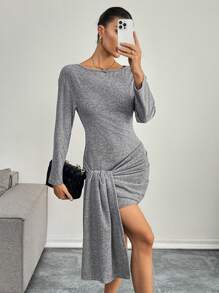 SHEIN Essnce 2 paquetes de Vestido mini ajustado de punto de color gris sólido informal para mujer - Conjunto de 2 piezas de vestido y chal para mujer en invierno - Gris - Ver 7