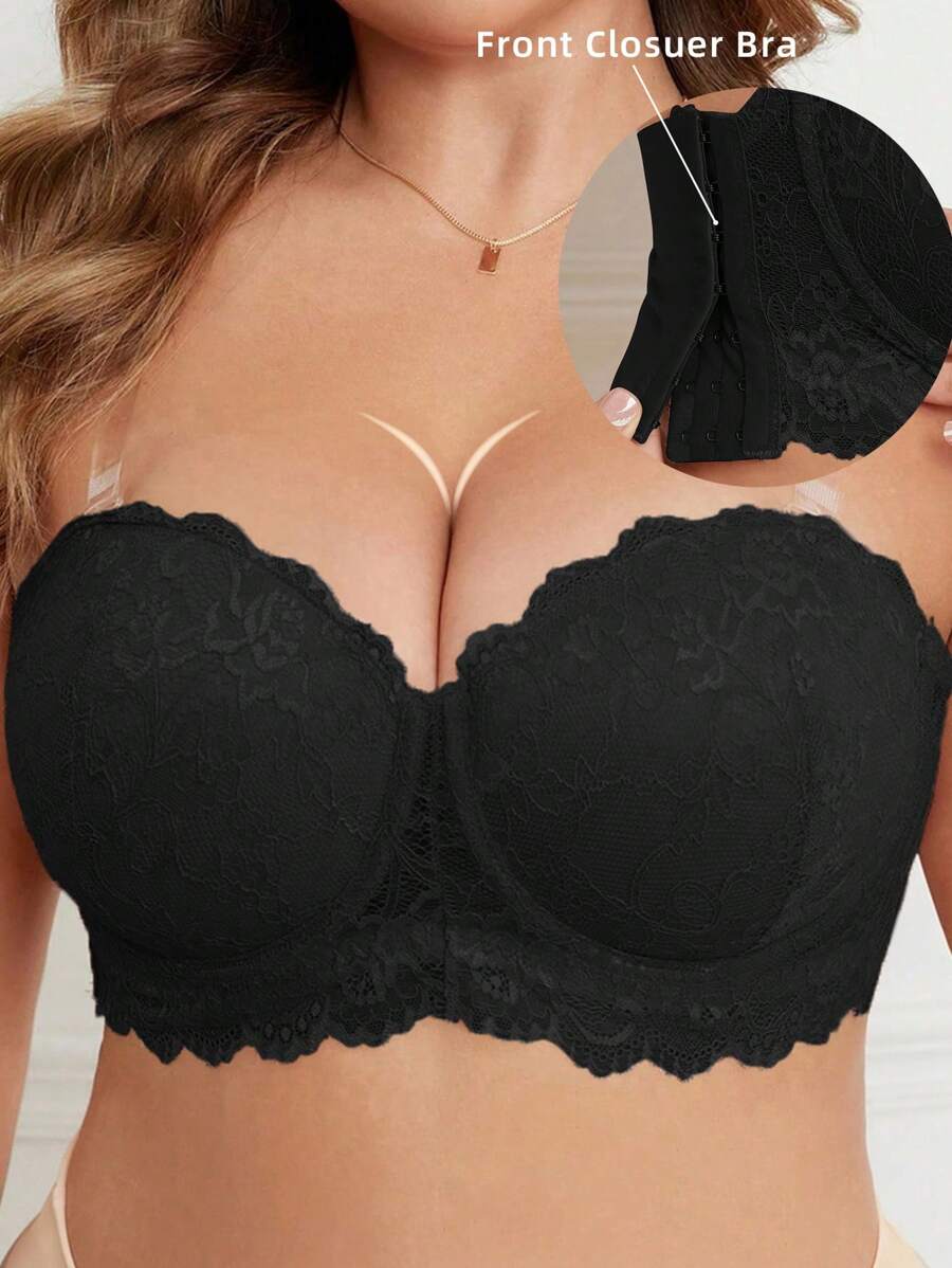 SHEIN 1 件大码纯色蕾丝钢圈文胸内衣 - 黑色 - 查看 1