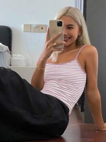 Livesso 女士夏季休闲百搭条纹吊带背心，适合日常穿着 - 粉色 - 查看 4