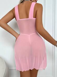 Floral Romantic Bow Lace Bicolor Spaghetti Strap Dress, Thong Underwear, Women Sexy Babydoll Lingerie