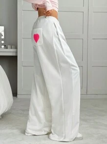 SHEIN EZwear 心形印花松紧腰口袋运动裤 - 白色 - 查看 4