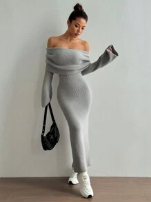 Flirla Seksowna, dopasowana, dzianinowa sukienka swetrowa z odkrytymi ramionami i rozcięciem na dole, jesień/zima