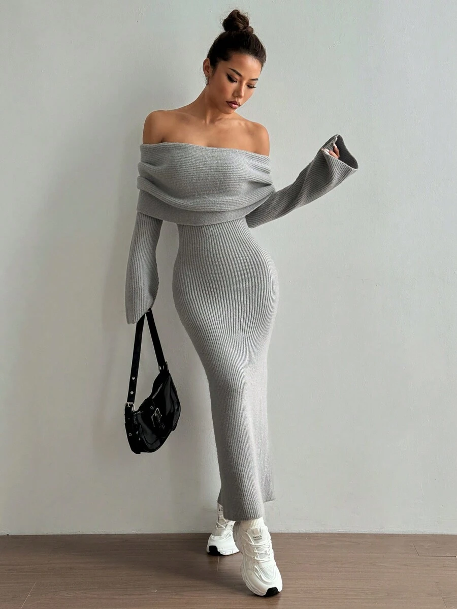 Flirla Seksowna, dopasowana, dzianinowa sukienka swetrowa z odkrytymi ramionami i rozcięciem na dole, jesień/zima