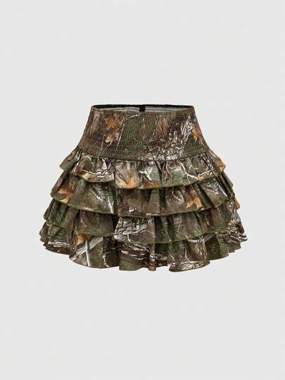 J-Fashion Women's Plant Print Ruffled Waist Layered Skirt