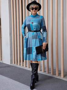 EMERY ROSE Plus Size Fashion Granny Fall Clothes Curve Thanksgiving Women Outfit Women Autumn High Collar Long Sleeve Patchwork Printed Pocket Casual Dress
