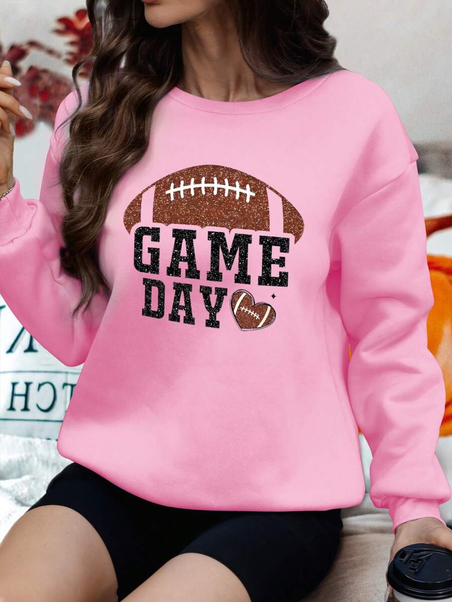 INAWLY Women's Plus Size Drop Shoulder Football Game Day Graphic Crew Neck Sweatshirt - Pink - View 1