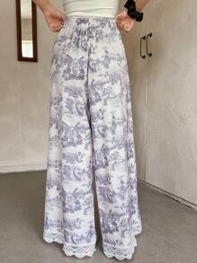 DAZY Women's Sketch Landscape Pattern Lace Patchwork Wide Leg Pajama Bottoms