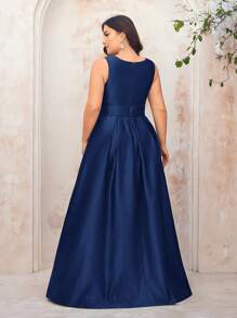 SHEIN Belle Plus Size Vintage Deep V-Neck Overlap Simple Belt Pleated High Slit A-Line Hem Simple Elegant Formal Evening Gown, Prom Dress, For Wedding Guest, Graduation, Dinner, Party Dress