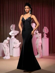 SHEIN Belle Đầm dự tiệc phối ren sang trọng quyến rũ cho nữ (Phong cách nặng nề) - màu đen - Xem 1