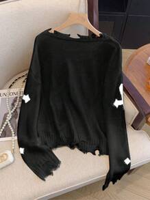 Chiquease Áo len nữ kiểu dáng thường ngày, họa tiết chéo, phong cách rách rưới, thích hợp cho mùa thu/đông. - màu đen - Xem 3