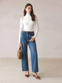 BizChic Parte superior de manga larga con cuello alto transparente, de unicolor y con empalme de malla para mujeres - Blanco - Ver 2