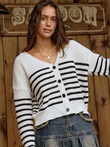 LanaWest Women's Casual Loose Fit V-Neck Striped Long Sleeve Cardigan, Autumn And Winter - Beige - View 6