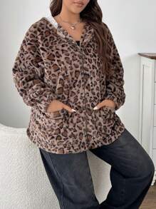 SHEIN EZwear 大码复古豹纹蓬松宽松连帽开衫，秋冬 - 駝色 - 查看 5
