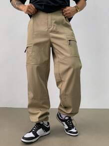 DAZY Pantalones rectos casuales sueltos con diseño de cremallera de unicolor para hombre, otoño