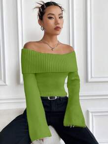 Flirla Off-Shoulder Casual Versatile Knit Sweater, Autumn/Winter Knit Pullover Fall - Green - View 5