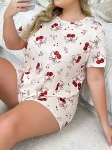Ins Style Casual Homewear Heart & Cherry Print Bow Decor Short Sleeve Shorts Set In Beige - Apricot - View 4