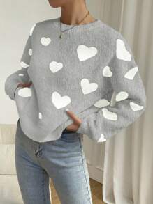 Chiquease 休闲心形图案落肩毛衣，秋冬 - 灰色 - 查看 4