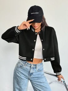 Chiquease Chaqueta de béisbol corta de manga larga a rayas casual de otoño para mujer - Negro - Ver 3