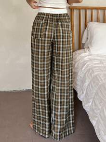 DAZY 宽松拼布格子印花抽绳裤家居服 - 卡其色 - 查看 2