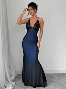 Rafferiza Spaghetti Strap V-Neck Lace Splice Criss-Cross Back Net Fishtail Bodycon Dress For Women Maxi Women Outfit