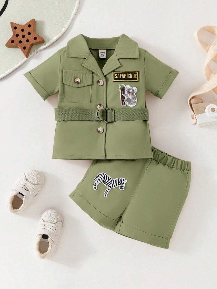 2 pezzi Set giacca e pantaloncini per bambini maschi, stile casual da esplorazione all'aperto con design a figura di animali, per primavera/estate - Verde militare - Visualizzare 1