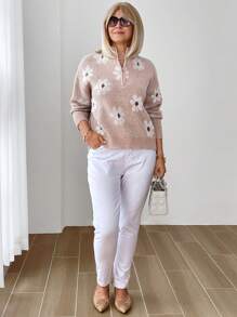 SHEIN LUNE Women's Floral Jacquard V-Neck Long Sleeve Sweater - Multicolor - View 3