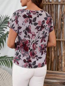 EMERY ROSE Blus Wanita Lengan Pendek Kerah Bulat Motif Bunga, Musim Panas, Atasan Lengan Pendek - Burgundy - View 2