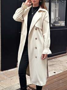 Chiquease Women Casual Commuter Fashion Business V-Neck Ruffle Cuff Long Sleeve Cinched Waist Double Breasted Mid-Length Regular Trench Coat