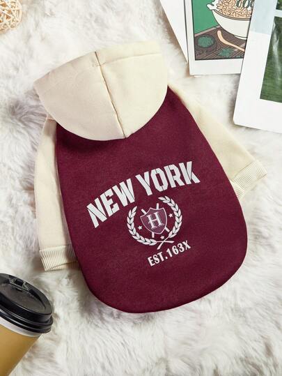 PETSIN 1 件宠物狗和猫学院风“纽约”字母印花拼布连帽衫，复古色彩