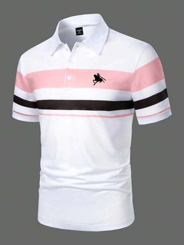 Manfinity Mode Polo à manches courtes avec impression de blocs de couleur et rayures, grande taille pour hommes, pour sortir
