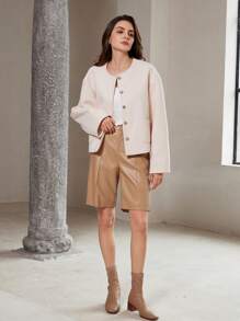 EMERY ROSE Vintage Elegant Round Neck Short Metallic Button Pocket Jacket Fall Cloth For Women - Apricot - View 5