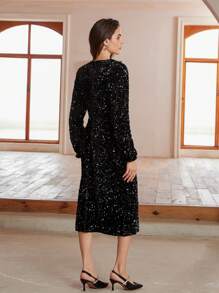 Aveloria Modichic Black Long Sleeve Velvet Sequin Midi Dress, Fashion Party Style Holiday Party Birthday Formal Occassion Dress 