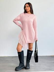 Chiquease Autumn Women Casual Crew Neck Ruffled Trim Net Yarn Mid-Length Sweater, Knit Pullover Fall Winter - Pink - View 3