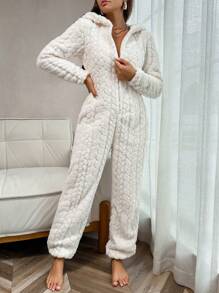 1pc Solid Color Jacquard Fleece Hooded Jumpsuit Loungewear, For Fall Winter, Cozy Outfit, Fluffy - Beige - View 3