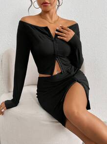 SHEIN EZwear 2 件套女士休闲纯色针织短款修身上衣和低腰开衩下摆裙子套装