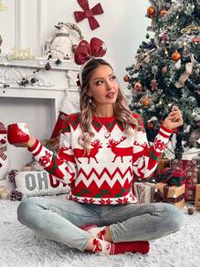 SHEIN LUNE Women's Round Neck Loose Deer Pattern Detail Long Sleeve Casual Sweater, Knit Pullover Fall Winter - Red - View 3